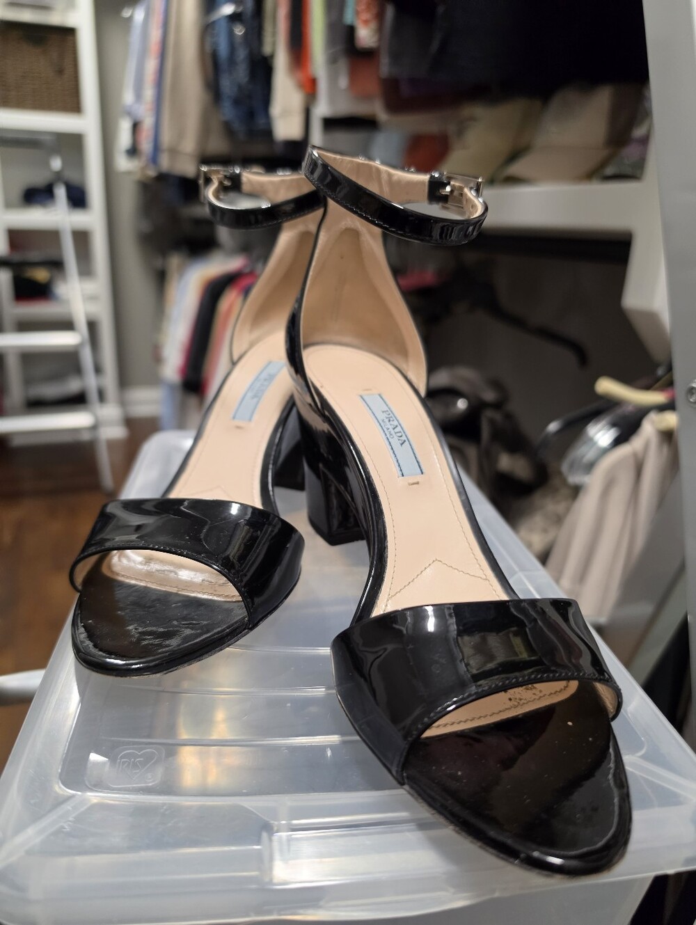 Prada Black Patent Ankle-Strap Block Heels